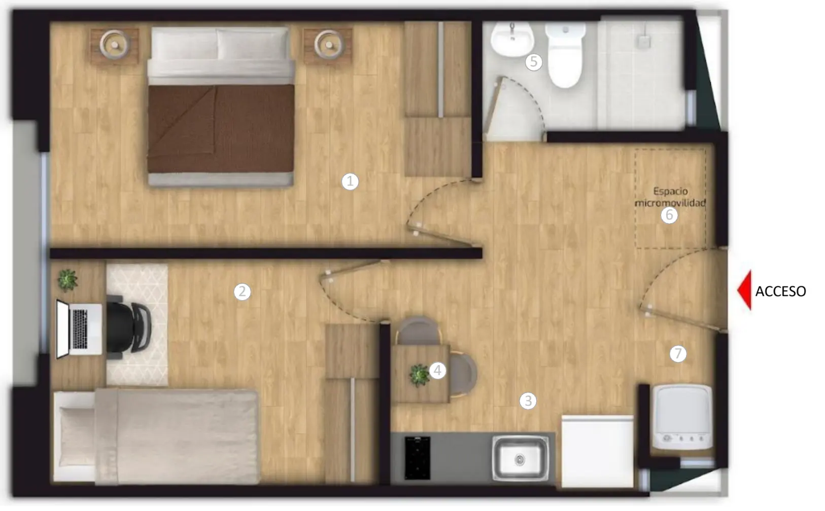 Apartamento tipo A con dos habitaciones