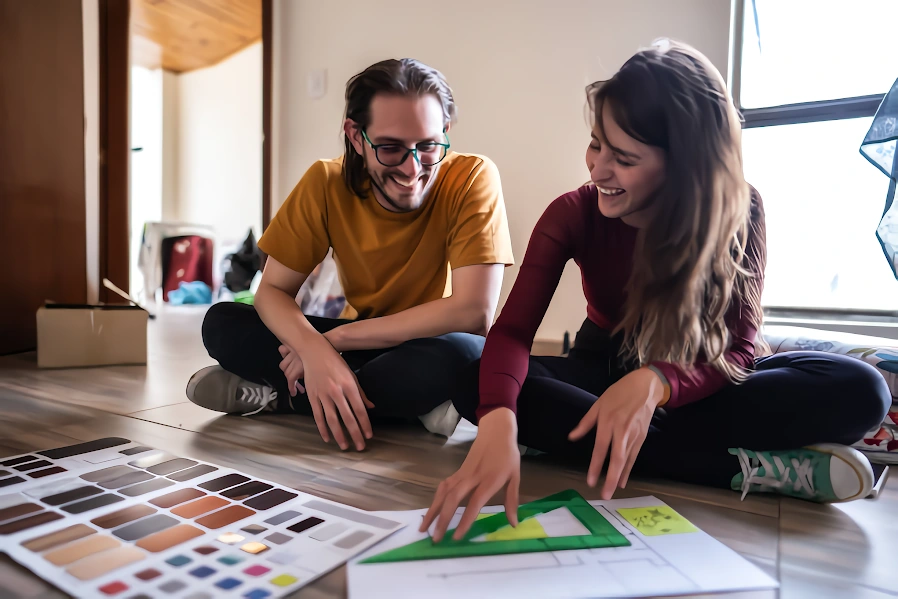 Personas eligiendo paletas de colores para la remodelación de su apartamento