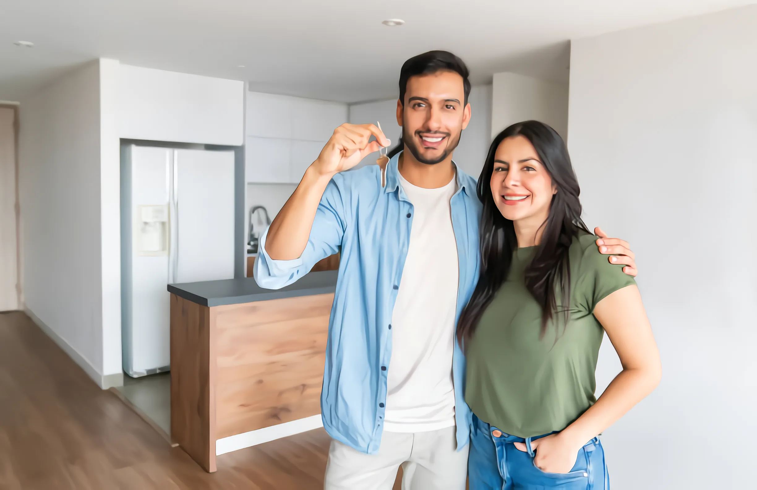 Pareja feliz con las llaves de su vivienda nueva