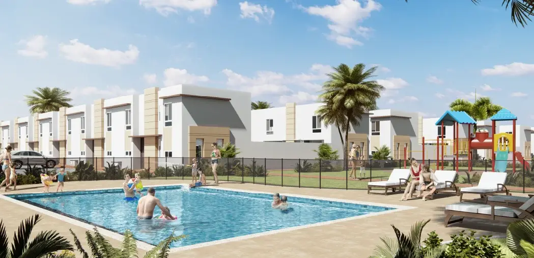 Piscina y parque infantil del proyecto OIKOS Cabo Verde Antao