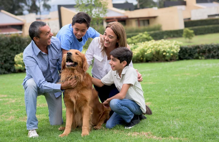 Mascota disfrutando zonas verdes en conjunto residencial