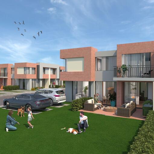 Render de casas campestres de OIKOS Savanna en Cajicá con zonas verdes