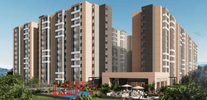 Render del proyecto OIKOS Panoramik en Tunja con torres de apartamentos y zonas comunes