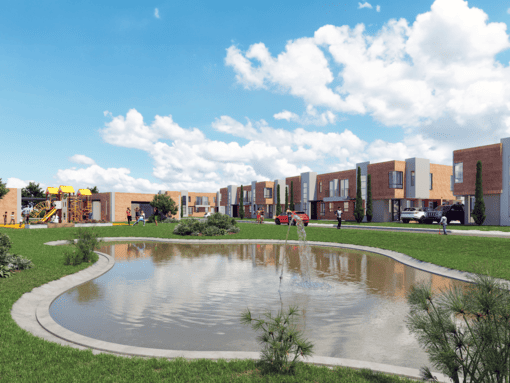 Render de OIKOS Savanna con lago, parque infantil y casas campestres