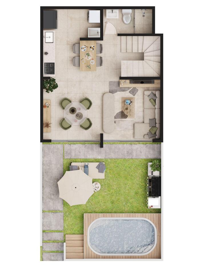 Diseño interior y espacios exteriores de Casa Tipo E