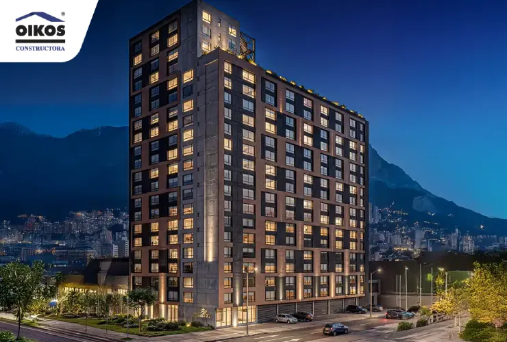 Edificio OIKOS Lumina 77 iluminado de noche en Chapinero, Bogotá