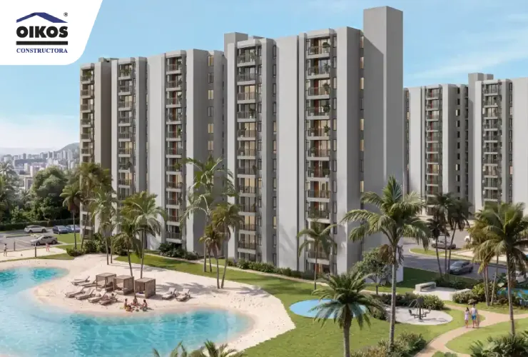 Vivienda de descanso en Girardot Render del proyecto OIKOS Playa Dorada con torres de apartamentos y zona social con piscina