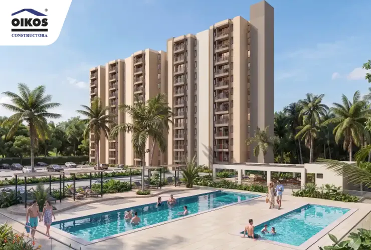 Render general de OIKOS Playa Dorada en Girardot, mostrando las torres de apartamentos y las piscinas