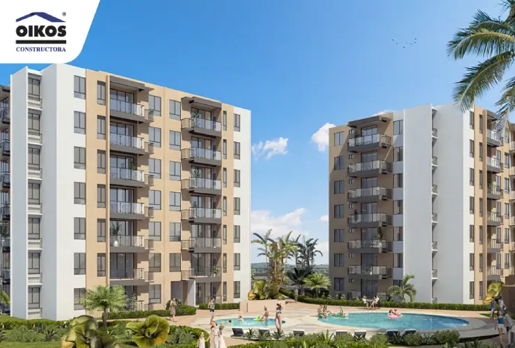 Vista general de las zonas comunes y edificios que integran el proyecto residencial en Ricaurte Render arquitectónico de edificios residenciales con piscina y zonas verdes en Ricaurte