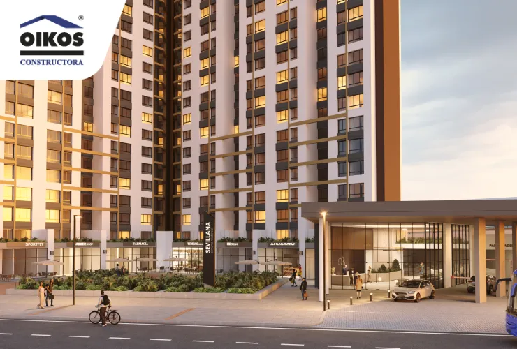 Render exterior del proyecto de apartamentos OIKOS Sevillana en Bogotá con comercio en el primer piso y una gran torre residencial.