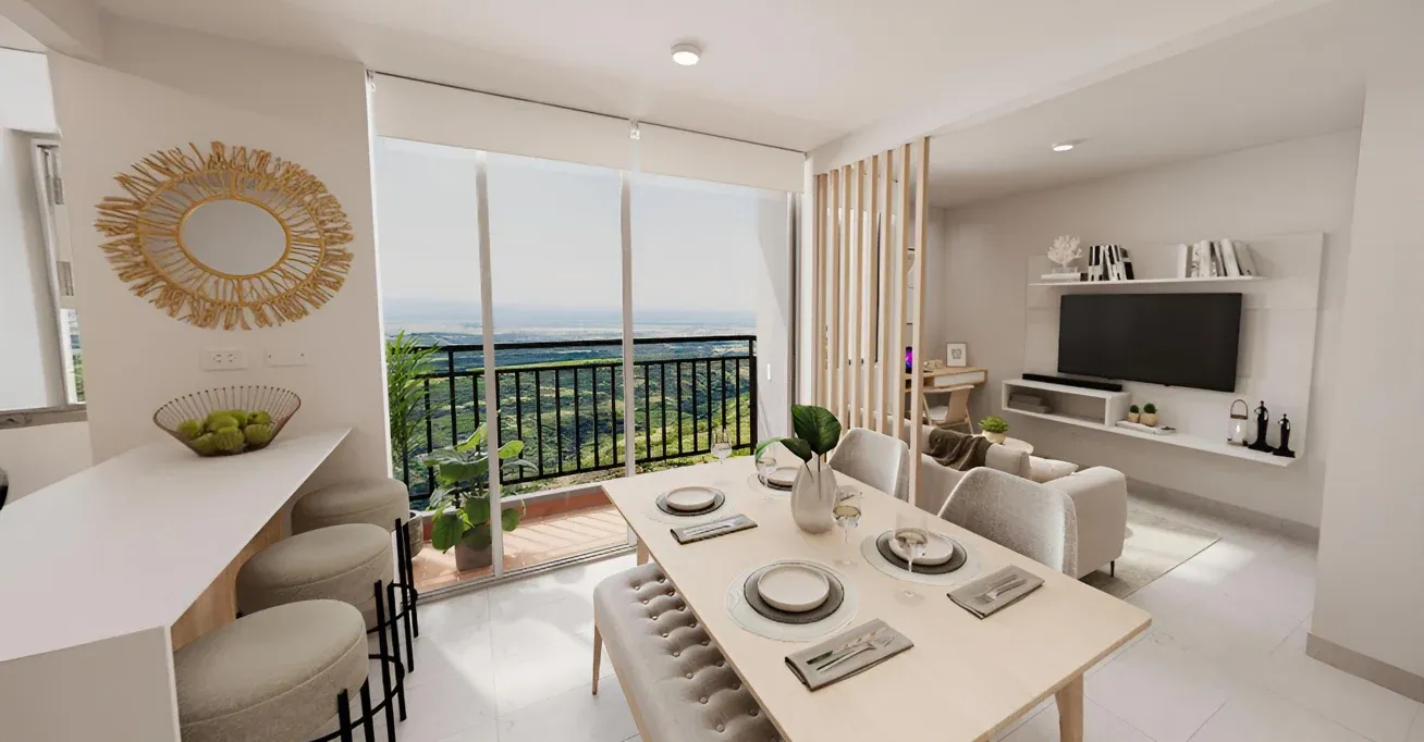 Interior de apartamento modelo con sala comedor y vista panorámica en OIKOS Entreverde