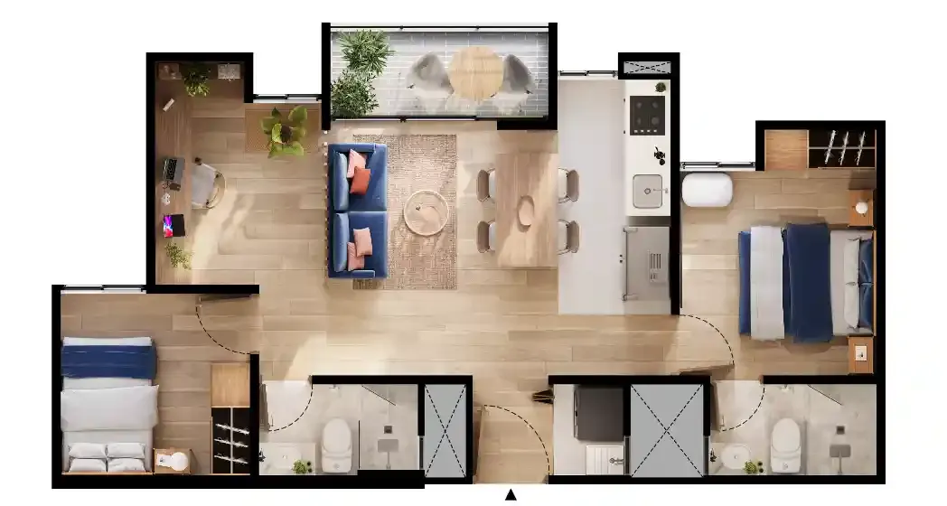 Plano arquitectónico del Apartamento Tipo A con estudio en OIKOS Playa Dorada.