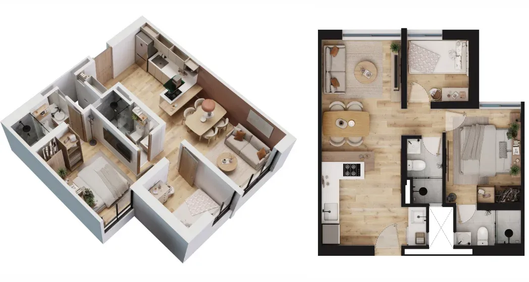 Plano y vista 3D de apartamento con opción de 2 habitaciones en OIKOS Sevillana.