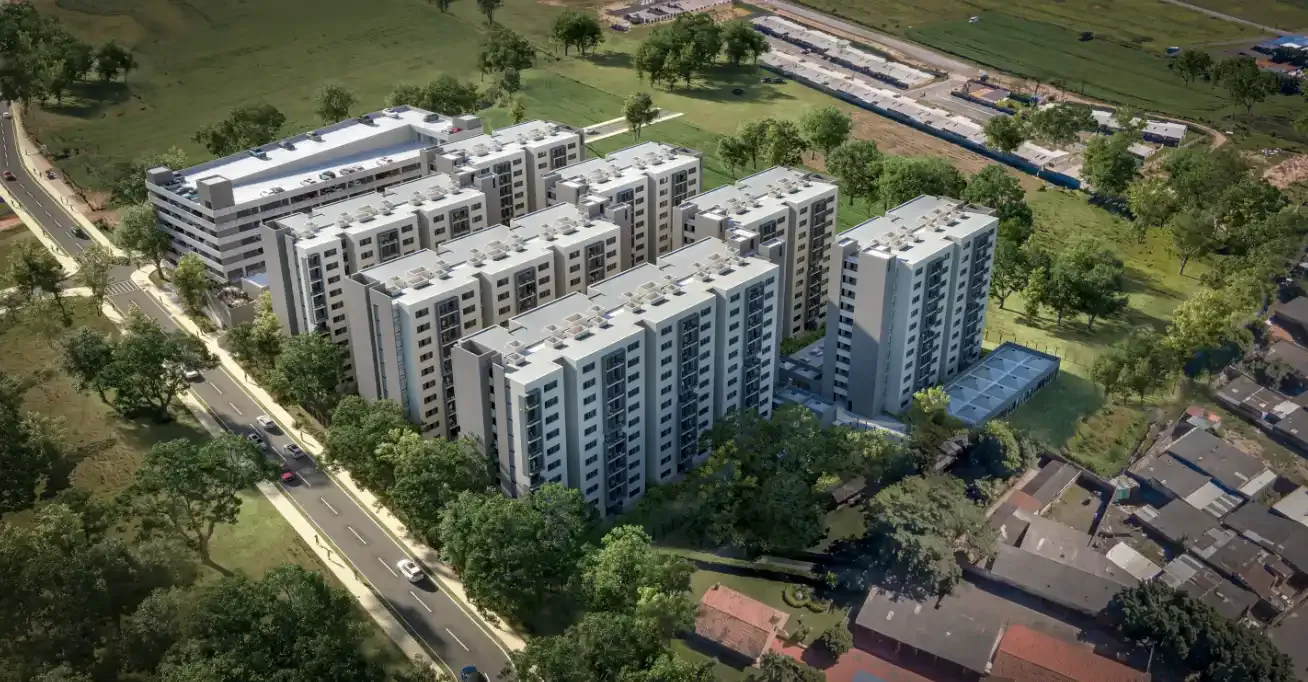Vista aérea de conjunto residencial con múltiples torres de apartamentos y zonas verdes en Zipaquirá