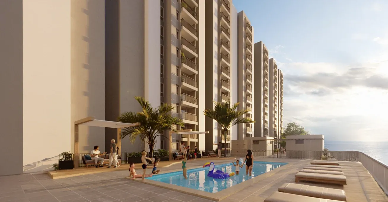 Piscina y zona de recreación al aire libre en el conjunto residencial OIKOS Entreverde