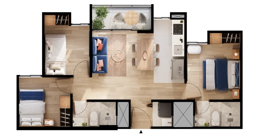 Plano arquitectónico del Apartamento Tipo A sin acabados y con distribución flexible en OIKOS Playa Dorada.