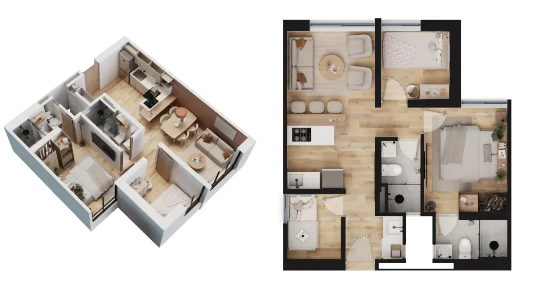 Plano y vista 3D de apartamento con opción de 3 habitaciones en OIKOS Sevillana.