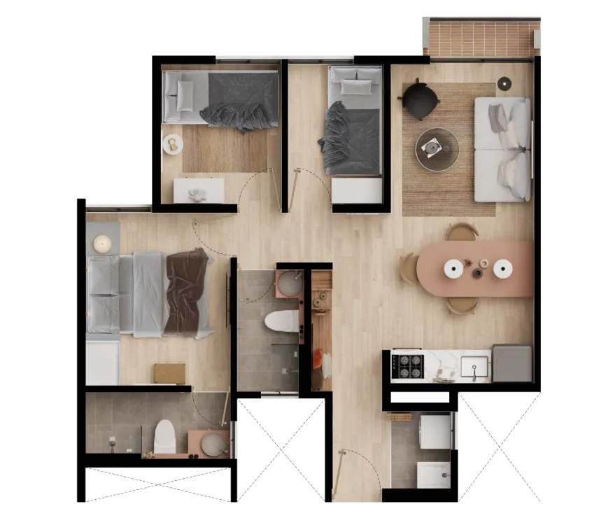 Plano arquitectónico de apartamento en OIKOS Altia mostrando distribución de habitaciones, baños, sala, comedor y cocina