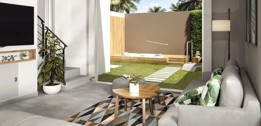 ante jardin con televisor y un mueble