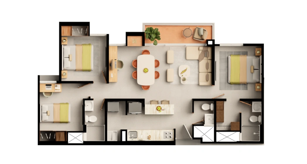 Distribución del apartamento tipo A de OIKOS Costa Azul