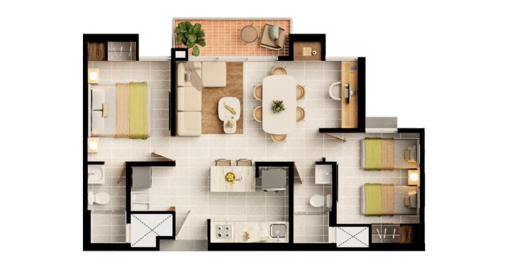 Distribución del apartamento tipo B de OIKOS Costa Azul